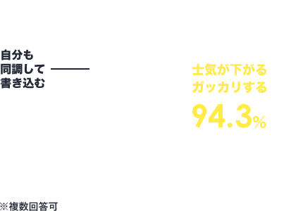 士気が下がるガッカリする 94.3% 内容によっては転職を考える 57.5% 自分も同調して書き込む 18.2% その他 34.2% ※複数回答可